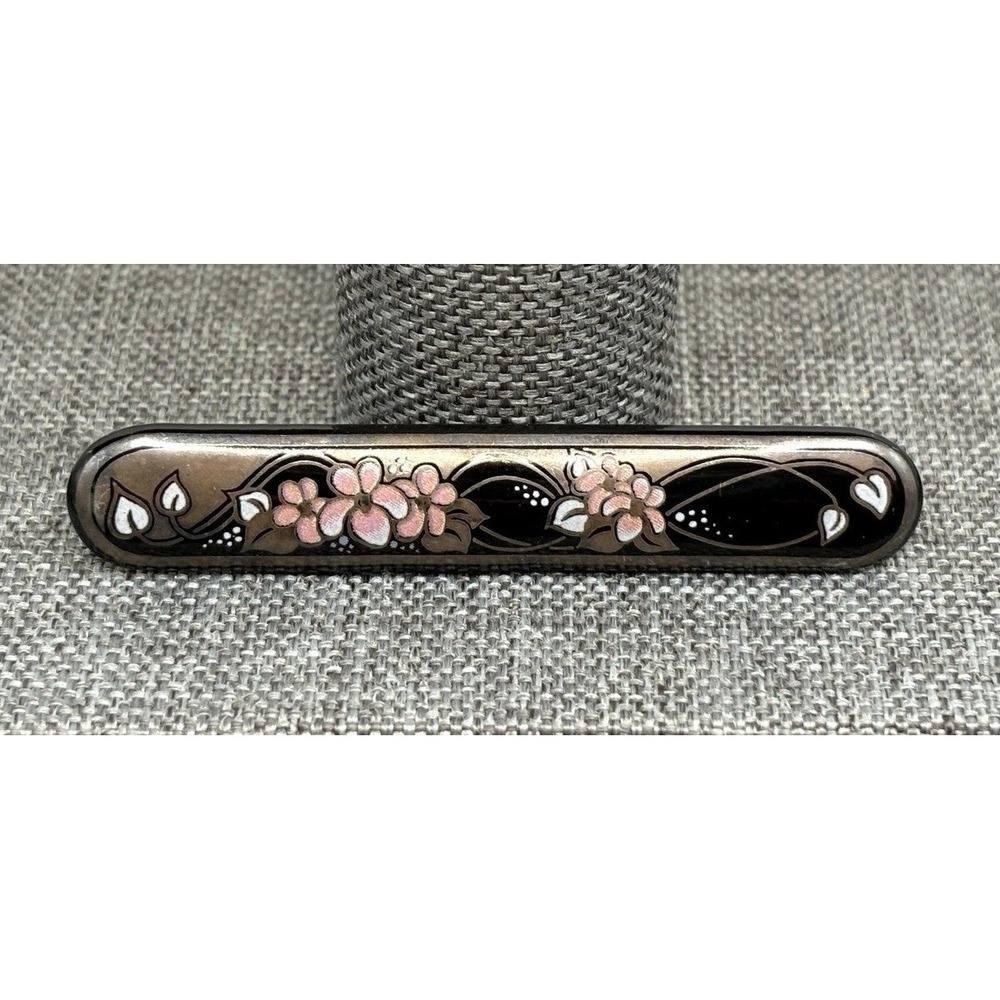 Vintage Michaela Frey Art Deco Style Pink Floral Bar Brooch Pin Black
